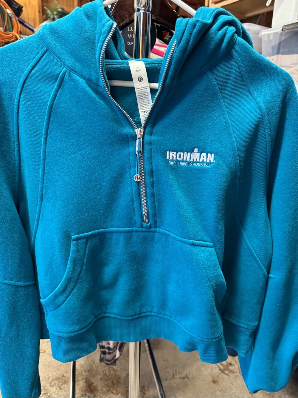 Lululemon Teal Half-Zip Hoodie with Ironman Embroidery